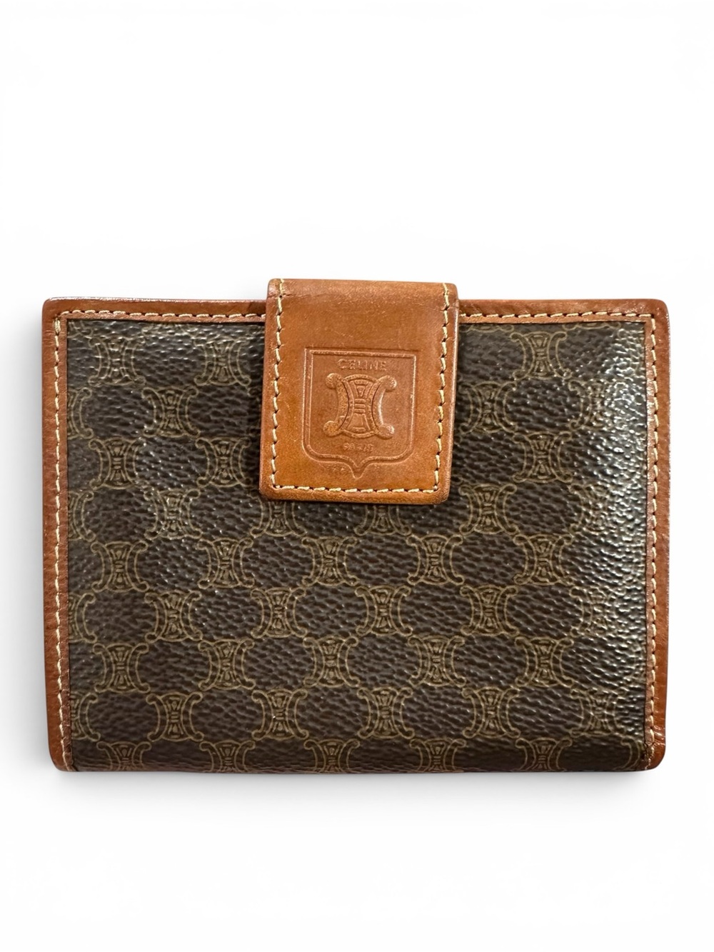 Celine Brown Macadam & Tan Vachetta Leather Kisslock Embossed Bifold Wallet